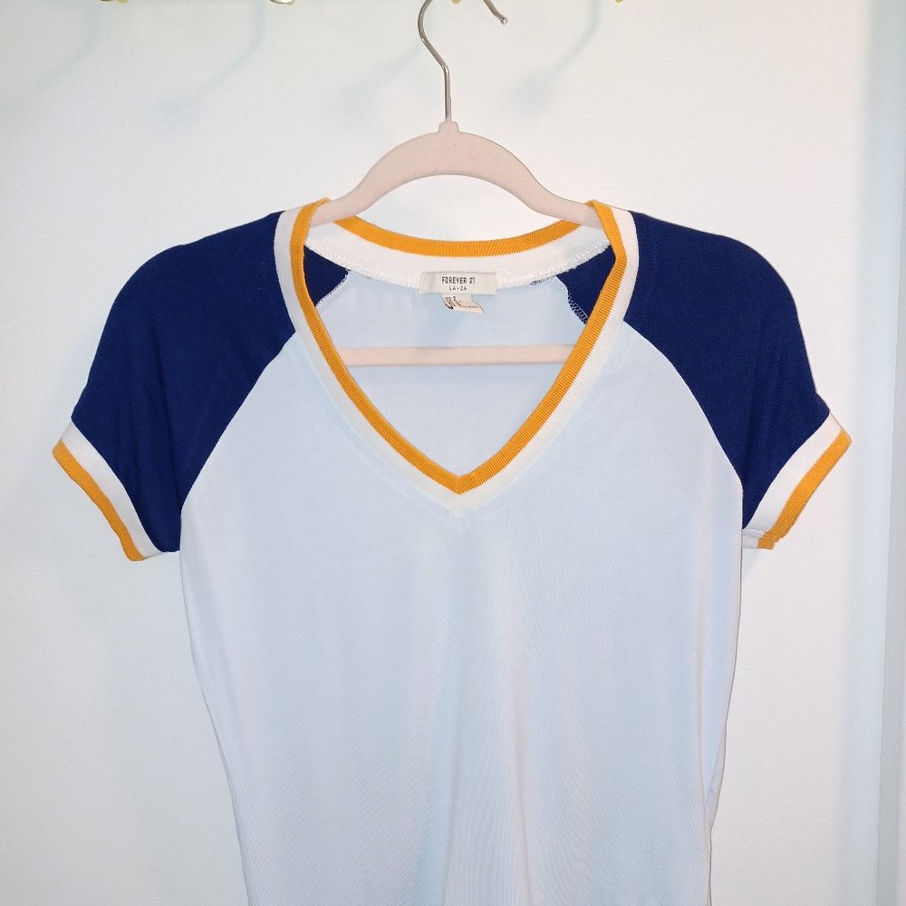 ORANGE WHITE BABY & NAVY BLUE V NECK TOP
